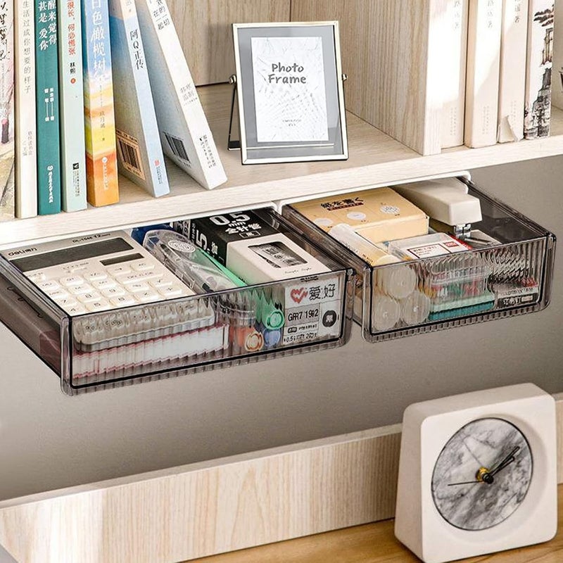 TooCust 2Pcs Under Desk Storage Drawers Slide Out,Large&Medium, Stick On Desk Drawer Organizer Hidden Under Table Drawer for Home Office School Organization and Storage-Transparent Black - Image 2